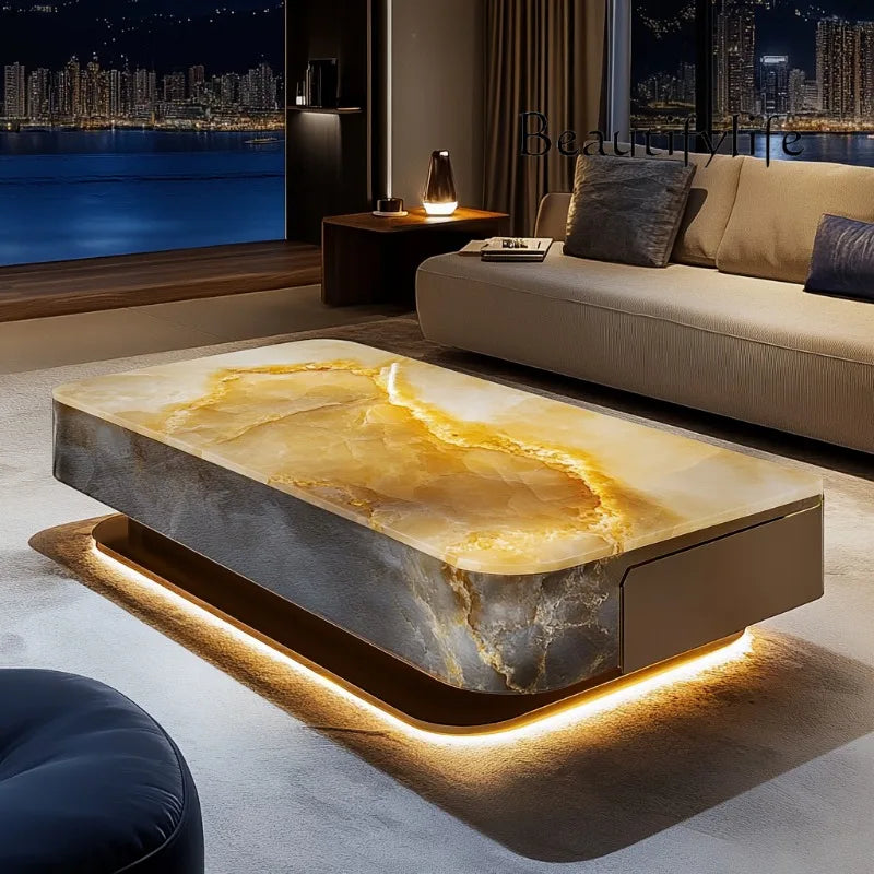 Square luminous jade luxury stone coffee table living room custom modern light luxury style large flat floor home