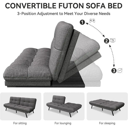 Convertible Sofa Bed with Grey Linen Upholstery, Detachable Cushion, Adjustable Backrest & Armrest, Ideal for Small Recliner Lov