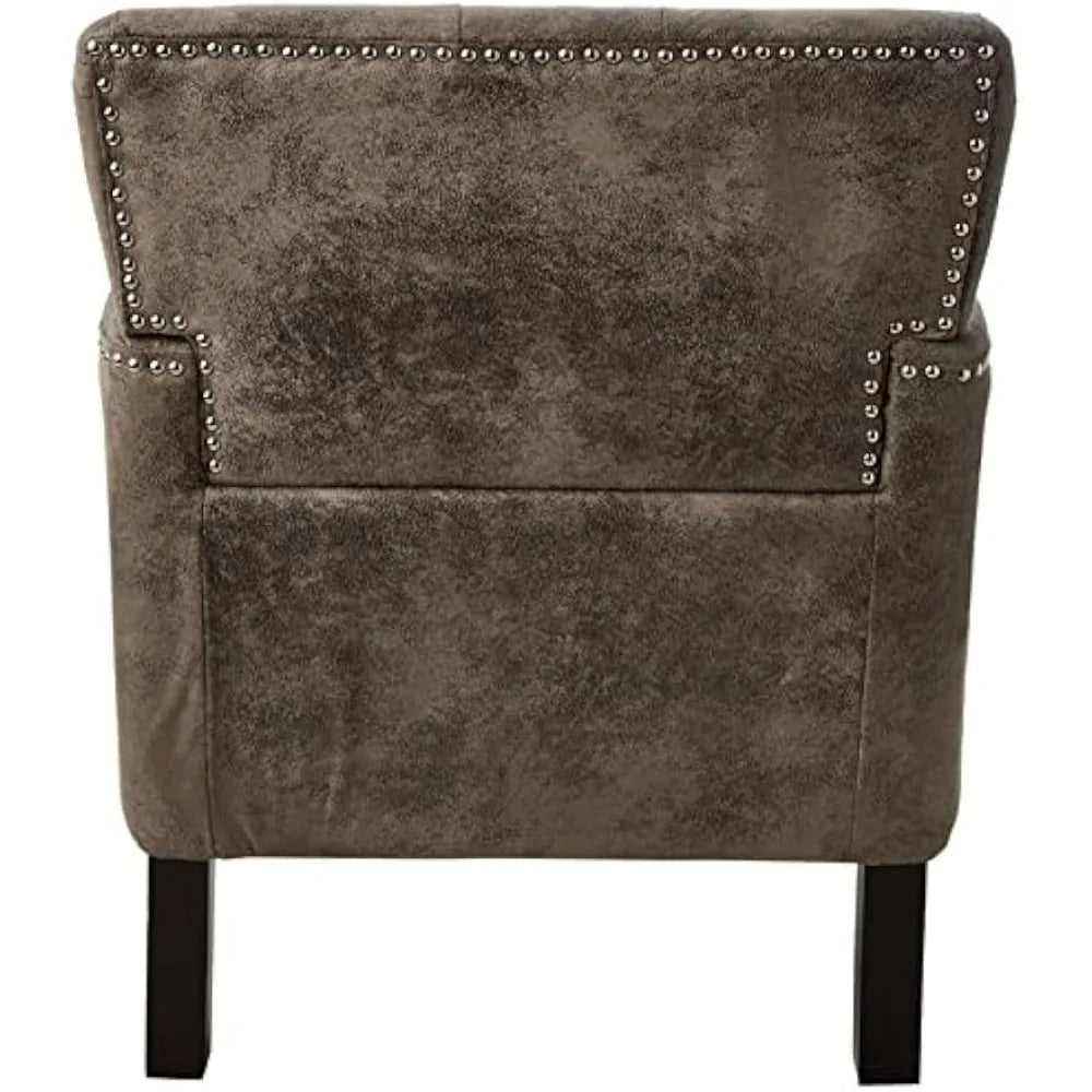 "medford brown upholstered club chair with fabric accents and nailhead trim"
