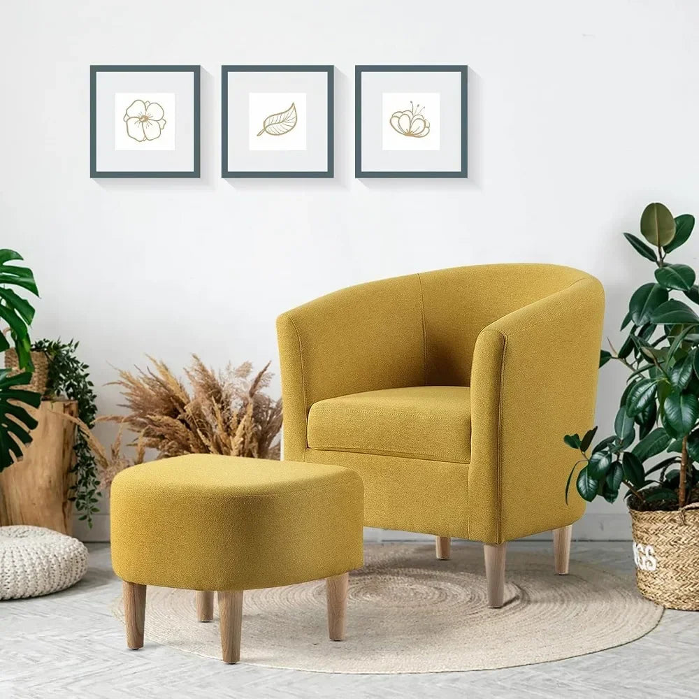 Accent Chair Set of 2, Upholstered Arm Chair Linen Fabric Single Sofa Chair with Ottoman Foot Rest Mustard Comfy Armchair
