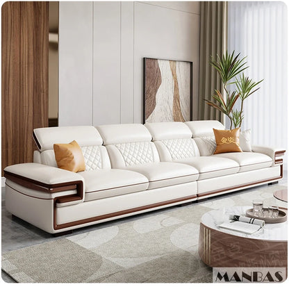 MINGDIBAO Premium Italian Genuine Leather Sofa Set for Living Room with Adjustable Headrests and Built-in Bluetooth Speaker, USB