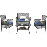 4 Pieces Outdoor Patio Furniture Set, PE Rattan Chairs Wicker Furniture with Coffee Glass Table and Soft Cushions, Outdoor Seati