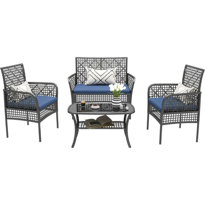4 Pieces Outdoor Patio Furniture Set, PE Rattan Chairs Wicker Furniture with Coffee Glass Table and Soft Cushions, Outdoor Seati