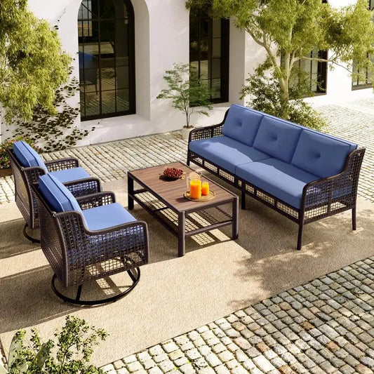 4-Piece Patio Furniture Set with Swivel Chairs, Outdoor Wicker Sectional for 5, Rattan Conversation Set for Poolside and
