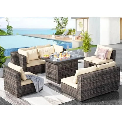 /Outdoor Furniture 7 Piece Sets with Fire Pit Table, Patio Couch Sectional with NoSlip Cushions and Cover, Outdoor Furniture S