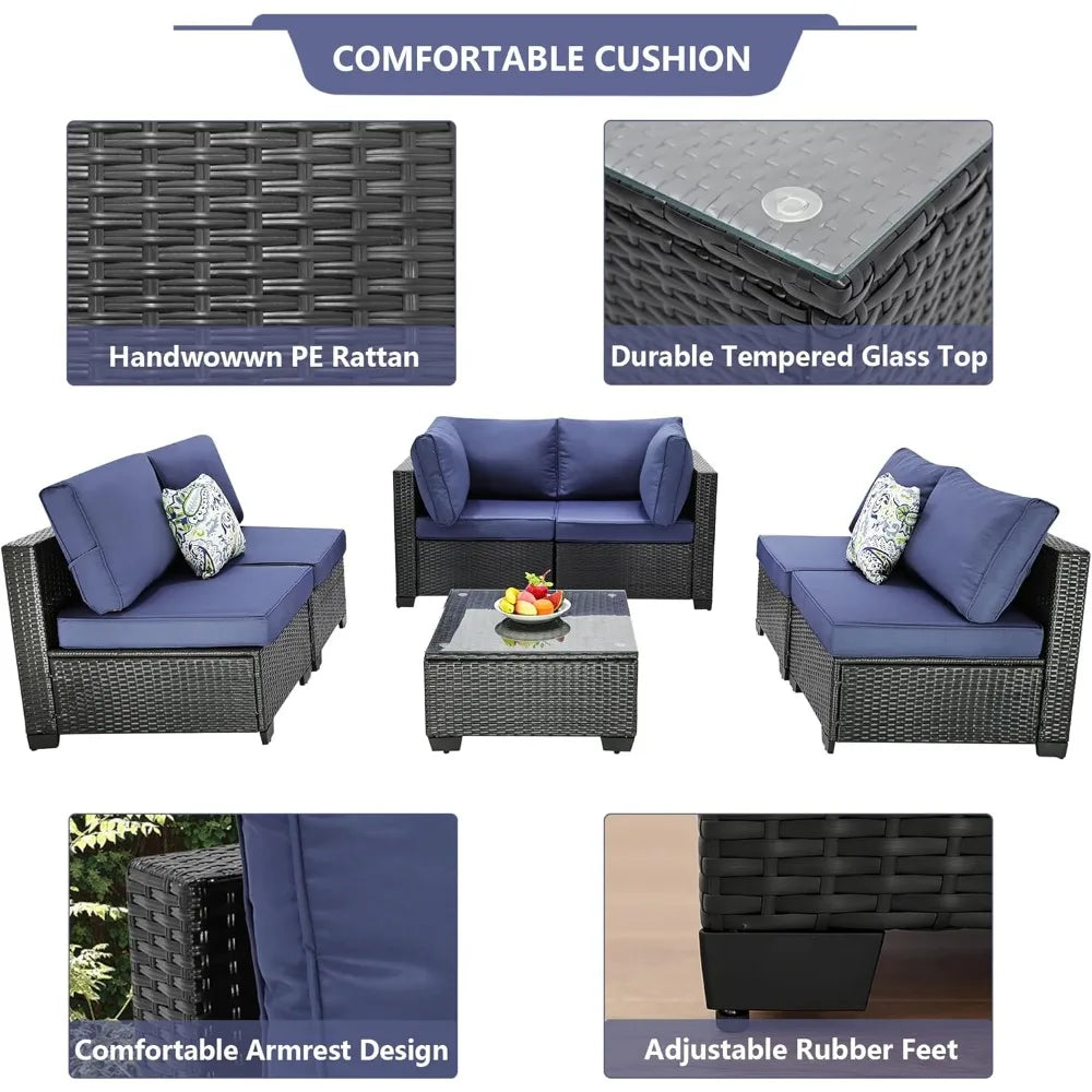 7 Pieces Outdoor Patio Furniture Sets, PE Rattan Wicker Patio Conversation Set with Tea Table (2BLACK/BL, B/ZB)