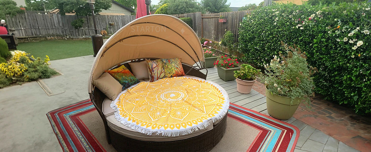 Terrace Circular Sofa Bed with  Canopy, Brown Wicker Furniture
