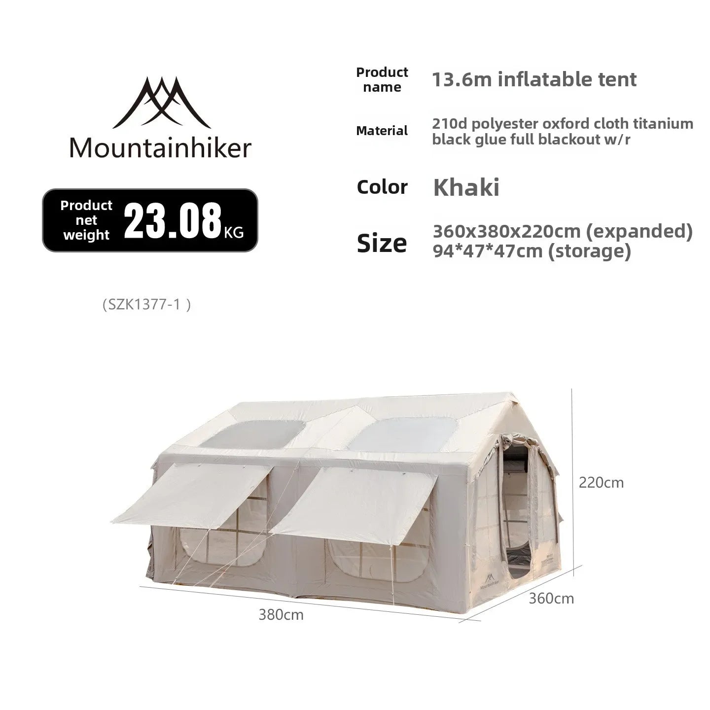 Mountainhiker 13.6㎡ Large Inflatable Tent Outdoor Camping 8-10 Person Tent Rainproof Family Awning Beach Quick Open Fishing Park