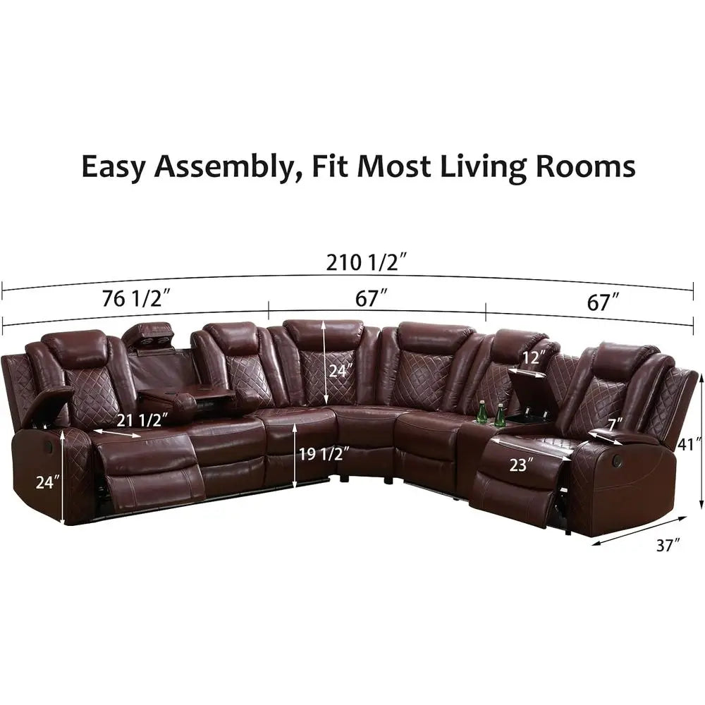 Power Reclining Sectional Soa, Leather Reclining Couch, ern Living Room urniture Set with LED Lights, Cup Holders & Storage ole,