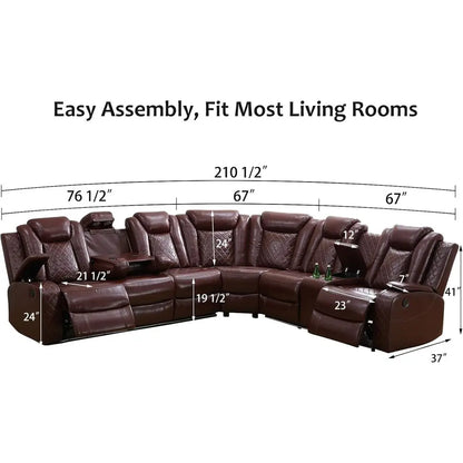 Power Reclining Sectional Soa, Leather Reclining Couch, ern Living Room urniture Set with LED Lights, Cup Holders & Storage ole,