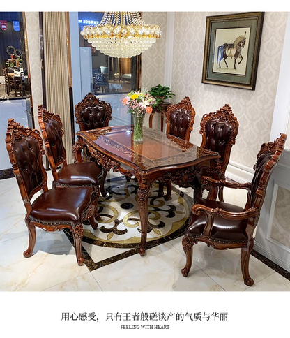 European-style all-solid wood dining table and chairs, living room, luxury villa home square table, French glass dining table