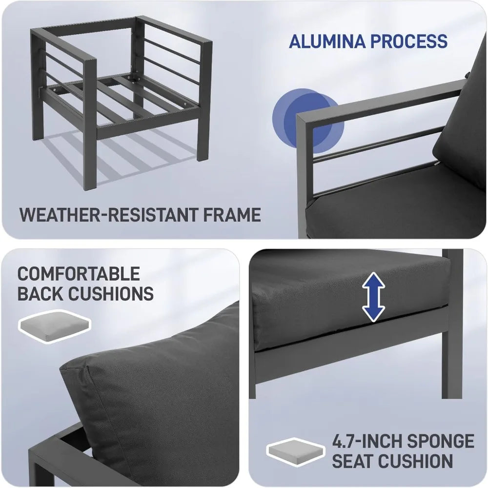 Aluminium modern patio furniture with coffee table, 7-piece outdoor conversation set, dark grey cushions, suitable for balcony