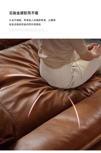 Sailing sofa retro oil wax leather super wide sitting depth adjustable backrest antique living room straight row sofa