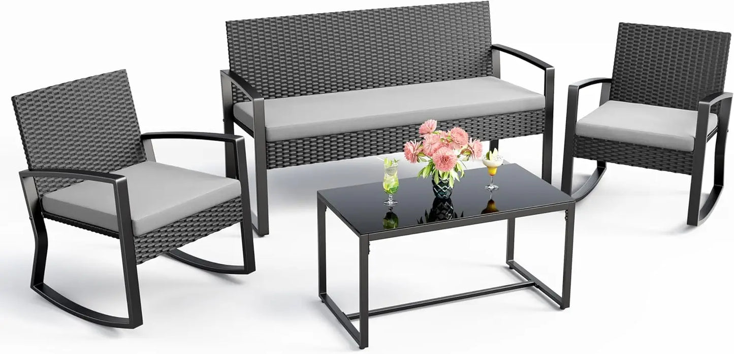 4 Piece Outdoor Patio Furniture Set, Wicker Patio Furniture with Glass Coffee Table, Rocking Wicker Bistro Set, for Backyard-HOT