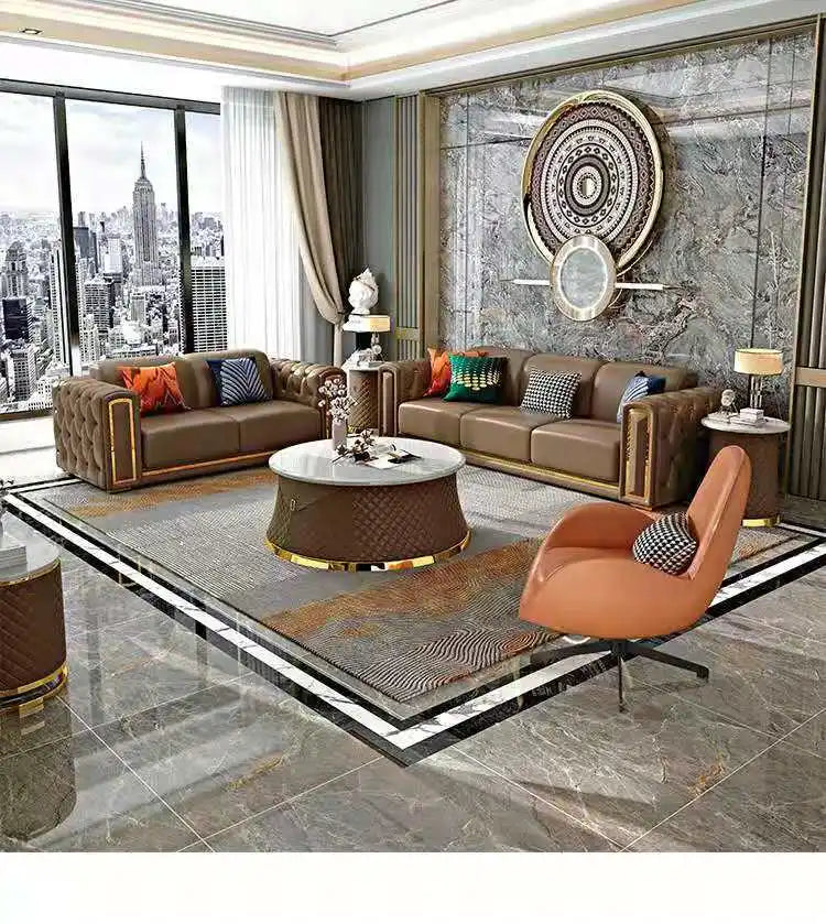 Italian light luxury sofa living room leather sofa first layer cowhide buckle design luxury combination sofa size apartment