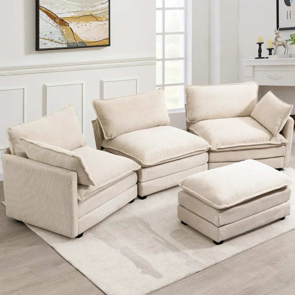 Oversized Modular Sectional Sofa Movable Ottoman 112in 4 Seat Corduroy Convertible L Shape Living Room Office Beige Custom