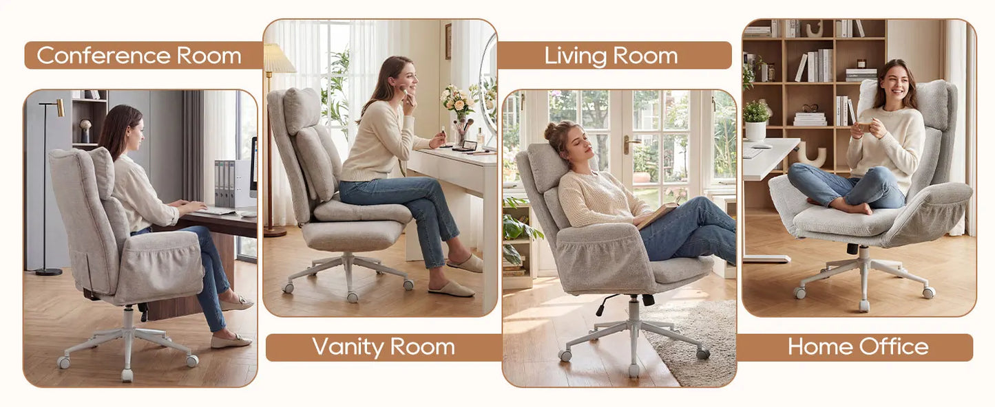TCGBKAF Beige Big&Tall Office Chair with Flip Armrests Cross Legged Office Chair with Wheels Soft Chenille Executive Chair with Adjustable Lumbar Support Ergonomic Computer Desk Chair
