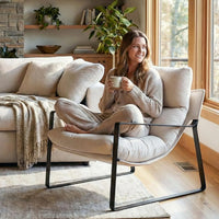 Modern Linen Accent Armchair Upholstered Soft Living Room Chair with Removable Cushion White