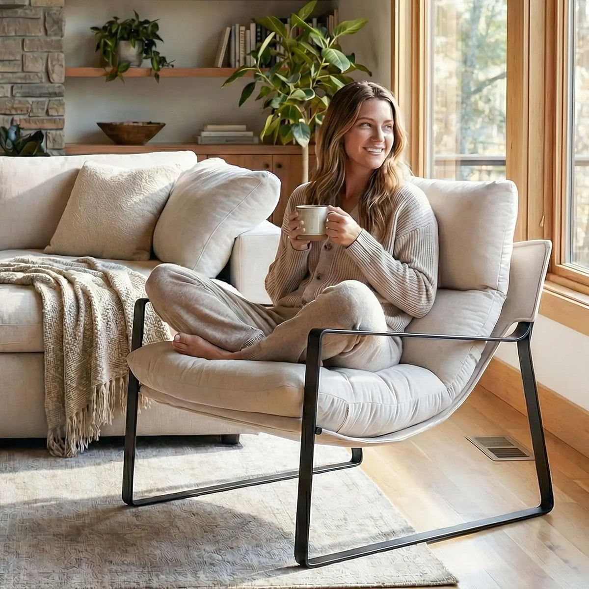Modern Linen Accent Armchair Upholstered Soft Living Room Chair with Removable Cushion White