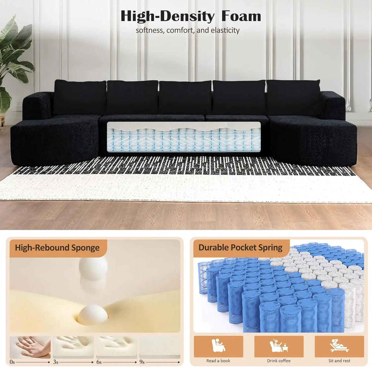 Boneless Couches for Living Room, Comfy U-Shaped Cloud Couch Sectional with Chaise Lounge, Modern Deep Seat Black, Customized