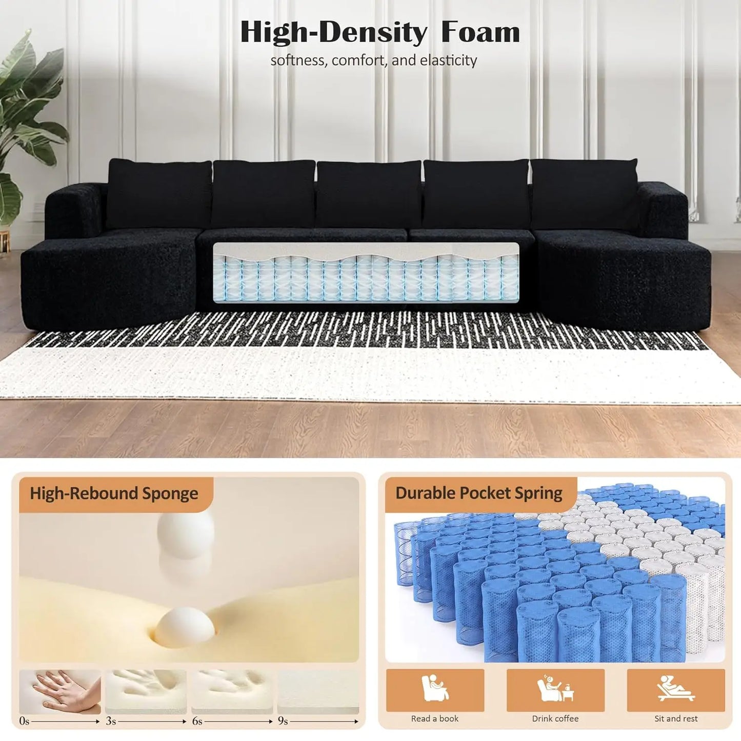 Boneless Couches for Living Room, Comfy U-Shaped Cloud Couch Sectional with Chaise Lounge, Modern Deep Seat Black, Customized