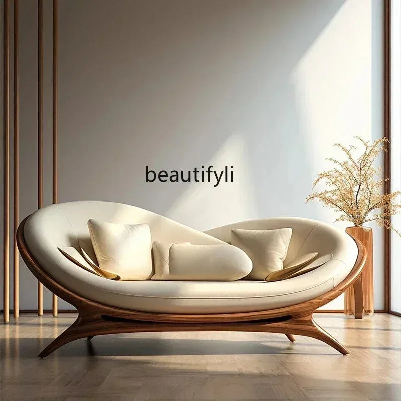 a3813  New Chinese-style solid wood sofa living room modern simple small apartment leather recliner sofa lazy chair