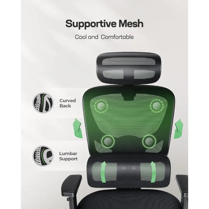 Ergonomic Office Gaming Chair with Adjustable Lumbar Support, Breathable Mesh Seat & Rocking Function - Black