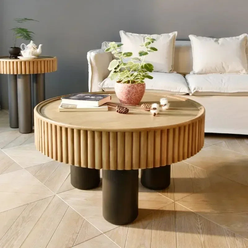 New arrivals pastoral style living room furniture rustic round wood carved coffee table with 3 legs