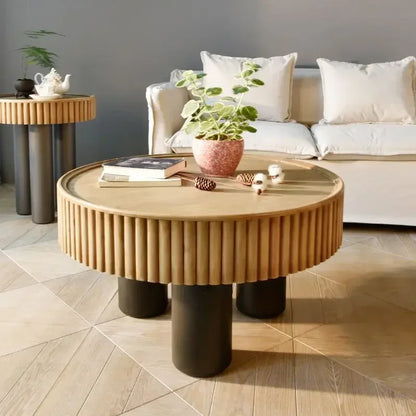 New arrivals pastoral style living room furniture rustic round wood carved coffee table with 3 legs