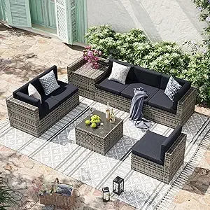 8 Piece Patio Furniture Set, Wicker Outdoor Furniture Set with Storage Box and Glass Top Table, Patio Sectional Set with Thicke
