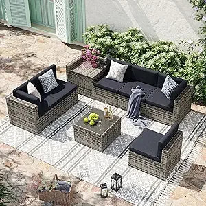 8 Piece Patio Furniture Set, Wicker Outdoor Furniture Set with Storage Box and Glass Top Table, Patio Sectional Set with Thicke