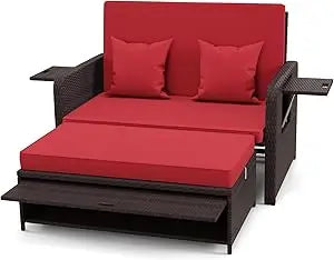 Wicker Patio Outdoor Daybed - Rattan Day Bed Lounger with Loveseat & Storage Ottoman, Sunbed Sofa Set w/Cushions, 4-Level Adjus