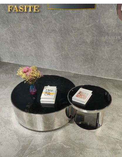 Italian mirror coffee table stainless steel small apartment tempered glass round combination design sense living room home