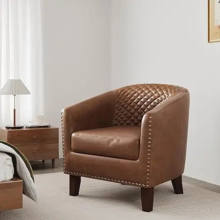 Upholstered Faux Leather Club Chair with Nailed Trim, Comfortable Reading Armchair for Living Room and Bedroom Reception