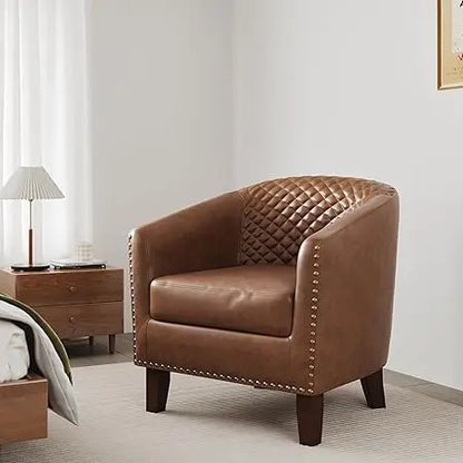 Upholstered Faux Leather Club Chair with Nailed Trim, Comfortable Reading Armchair for Living Room and Bedroom Reception