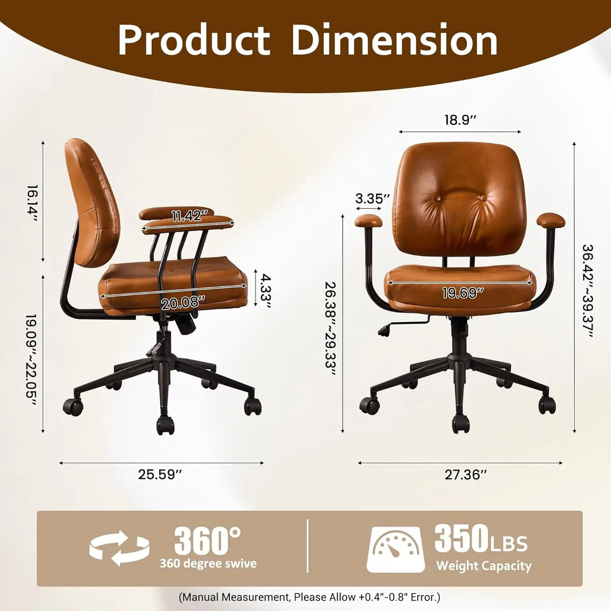 Mid Century Modern Office Chair,Mid Back Ergonomic Faux Leather Desk Chair with Lumbar Support,Rolling Swivel Task Computer Chai