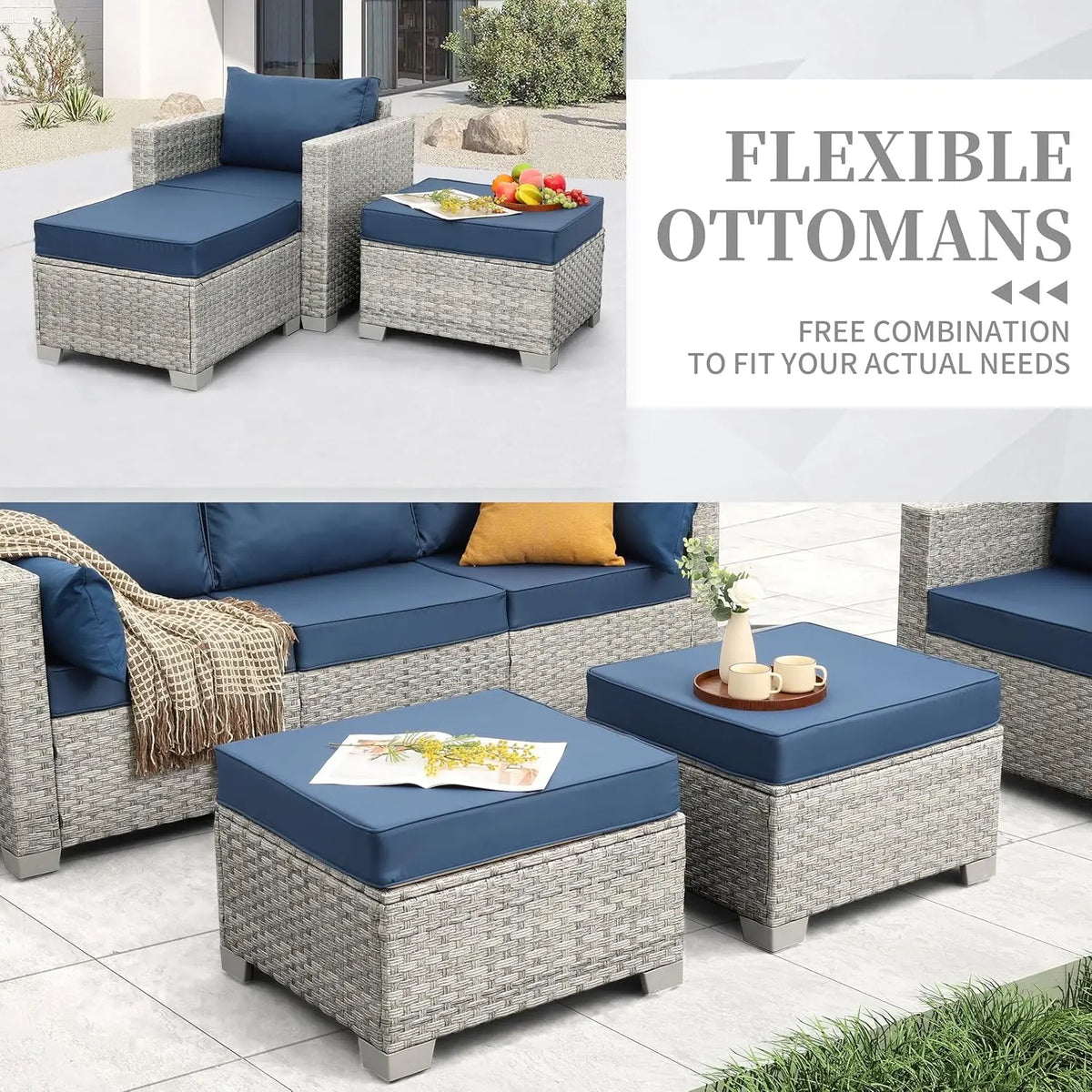 Patio Furniture Set 6 Piece PE Rattan Outdoor Conversation Sets Grey Wicker Couch Sectional Sofa with Fire Pit Table, Custom
