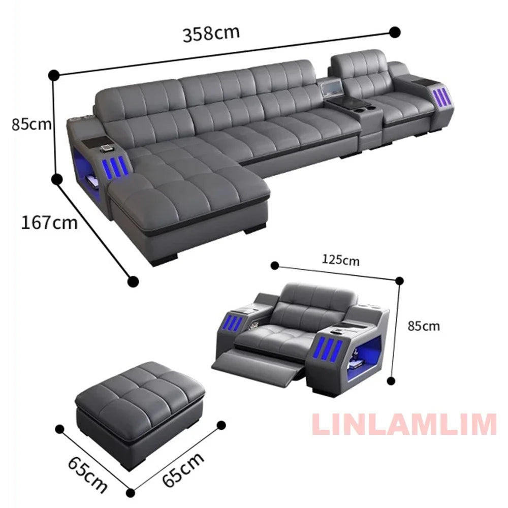 Modern Sectional Sofa Bed with LED Light, Electric Recliner and Massage | Living Room Genuine Leather Couch with Cup Holder, USB