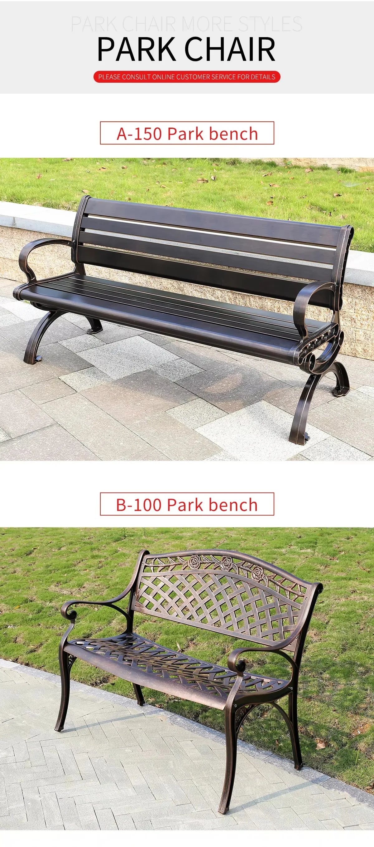 Cast Aluminum Bench Modern 150cm Outdoor Bench Chair Leisure Patio Bench Metal Benches Park Bench for Garden Outdoor Patio