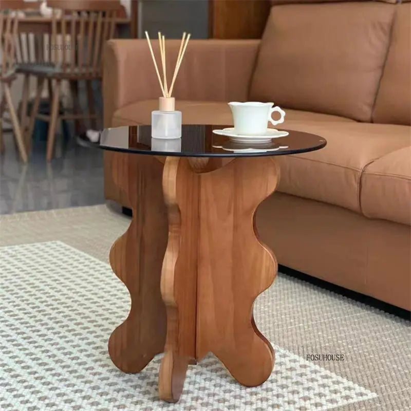Table d'appoint de luxe légère en bois massif, Tables basses en verre nordique pour meubles de salon, Table d'angle pour petit appartement