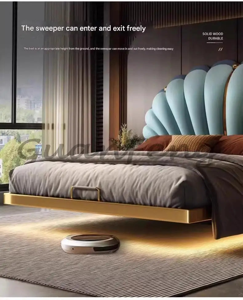Floating Princess Bed European Genuine Leather Vintage Solid Wood Bed Light Luxury High Quality Cama De Casal Bedroom Furniture