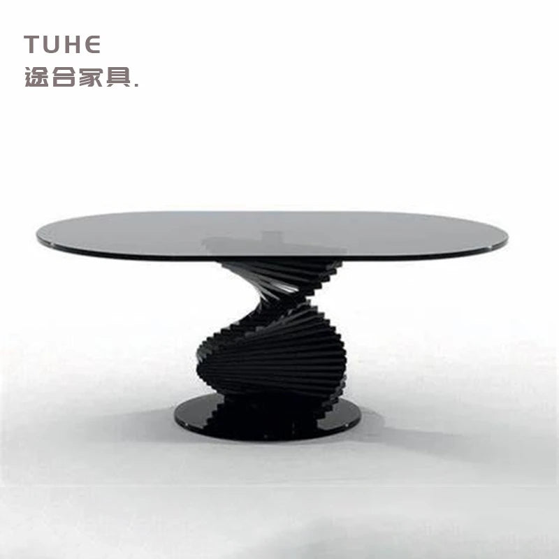 Italian Style Solid Wood Dining Table Light Luxury Curved Round Table Tempered Glass Living Room Hotel Personalized Dining Table