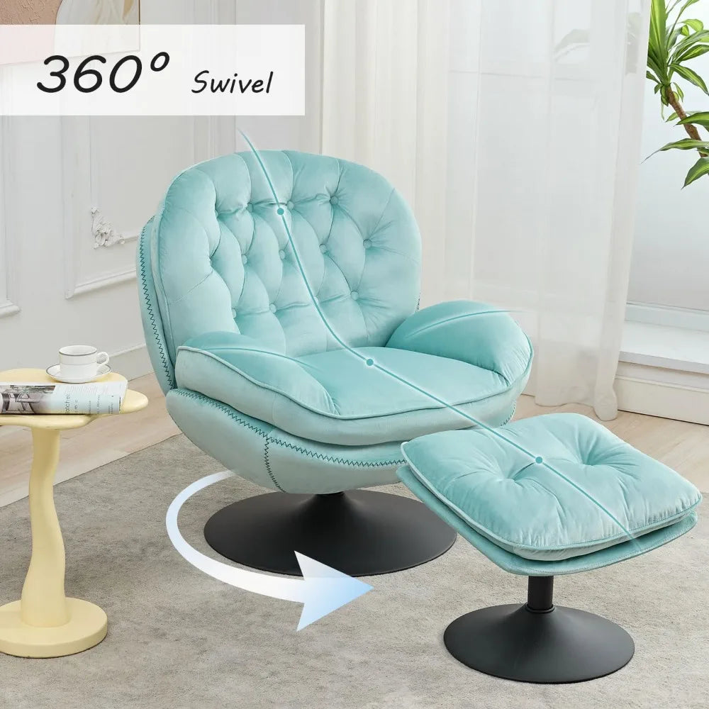 Swivel Accent Chair with Ottoman Set, Velvet Modern Lounge Chair with Metal Base Frame & Footrest, Comfy Lazy Single Leisure Arm