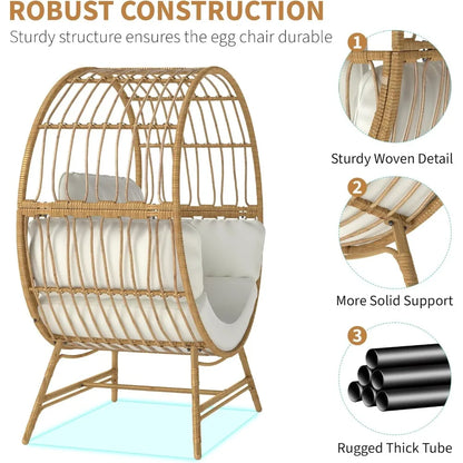 Chair Outdoor Indoor, Oversized Rattan Chair with Thicken Cushion, 350LBS Capacity Wicker Patio Lounge Chair, Basket Chair