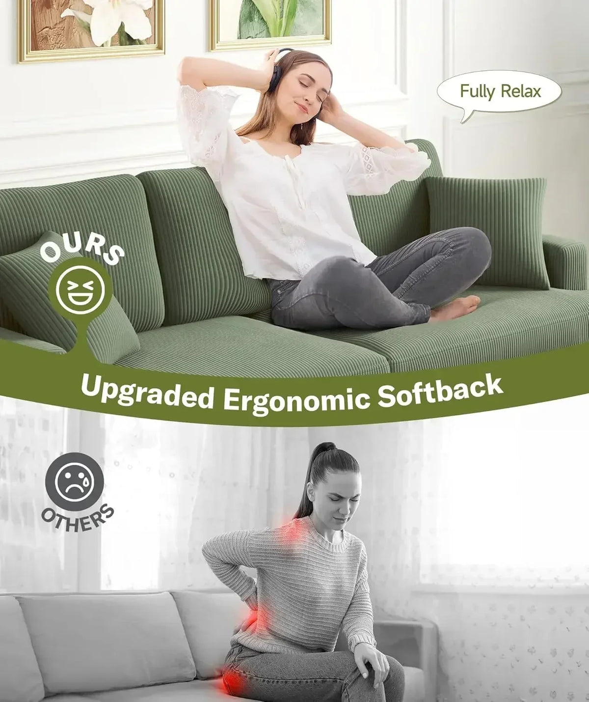 87in Green Sofa, Couches for Living Room No Tool Assembly, Modern Oversized Love Seat with 2 Pillows, Sofa Couch for Bedroom