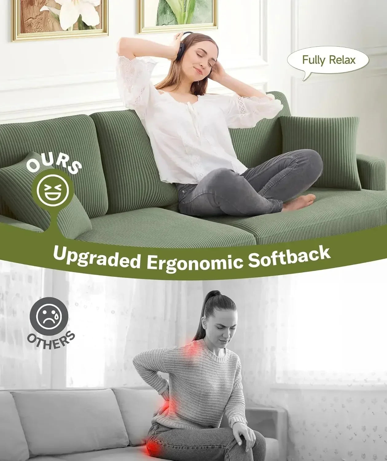 87in Green Sofa, Couches for Living Room No Tool Assembly, Modern Oversized Love Seat with 2 Pillows, Sofa Couch for Bedroom