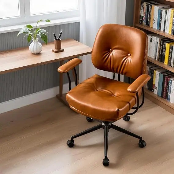Mid Century Modern Office Chair,Mid Back Ergonomic Faux Leather Desk Chair with Lumbar Support,Rolling Swivel Task Computer Chai