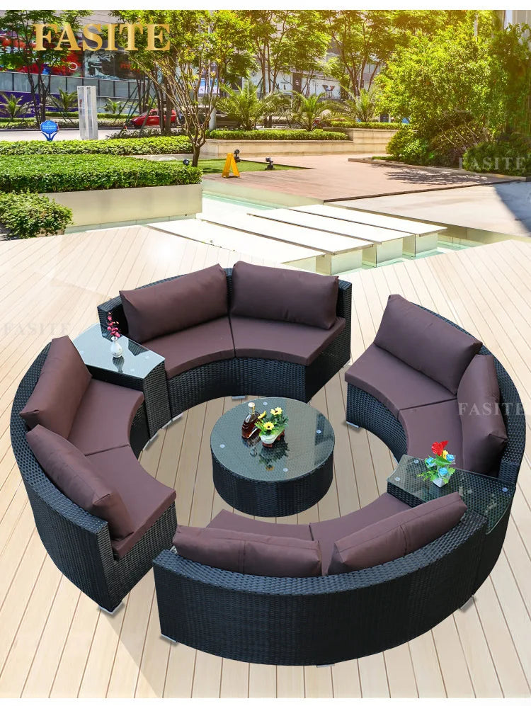 Outdoor round rattan sofa combination garden courtyard semi-circular rattan chair  hotel curved living room sofa
