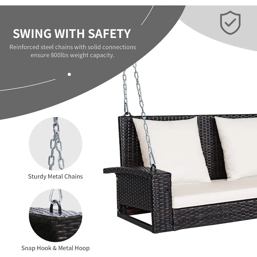 2-Seat Outdoor Porch Swing with Rattan Wicker Design and Solid Steel Chains Includes Comfortable Back and Seat Cushions in Beig