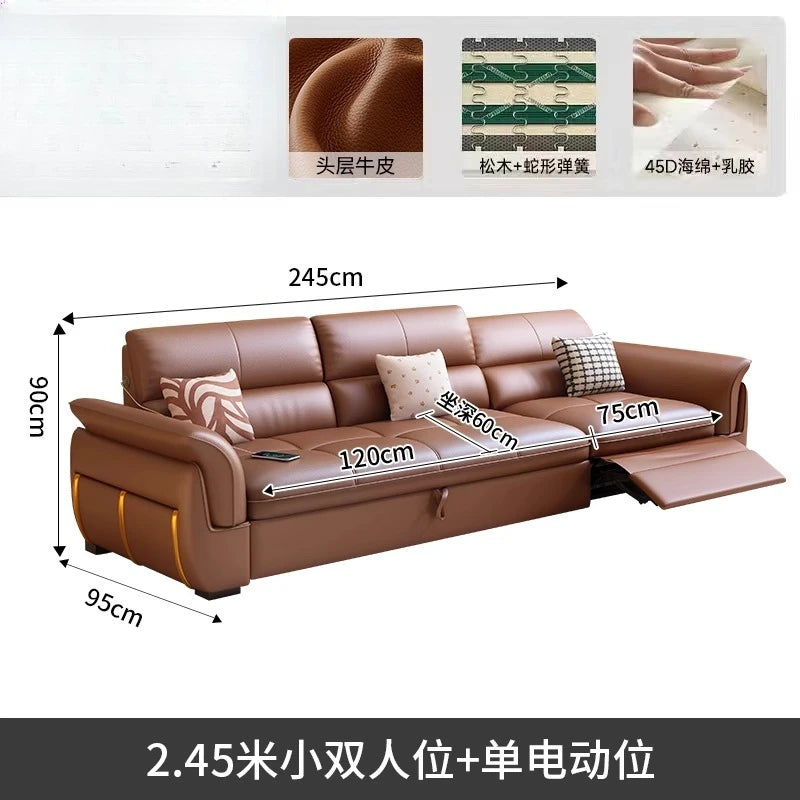 LH Electric Retractable Sofa Bed Dual-use Genuine Leather Small Apartment First Layer Cowhide Sofa